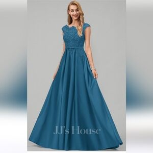 JJs House Nila Sequins Satin Ball-Gown Dress in "Ink Blue" US 8,  #220234, NWT
